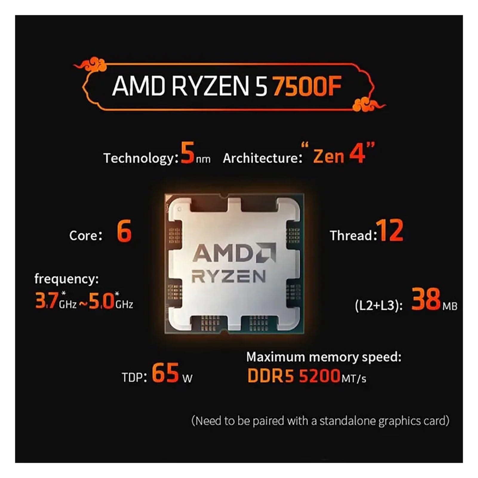 AMD Ryzen 5 7500F 6-Core, 12-Thread Processor Dual Channel DDR4-5200MHz  3.7GHz 65W Suitable for AM5 interface(X670E, X670, B650E, B650, A620) amd ryzen 5 7500f Electronics AMD   